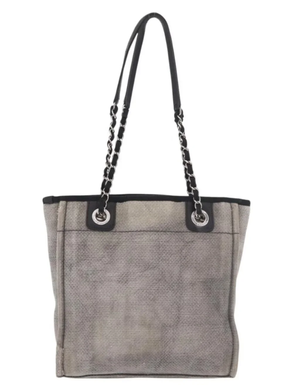 CHANEL Deauville Line Chain Tote Bag Canvas Gray Silver CC Auth bs35696